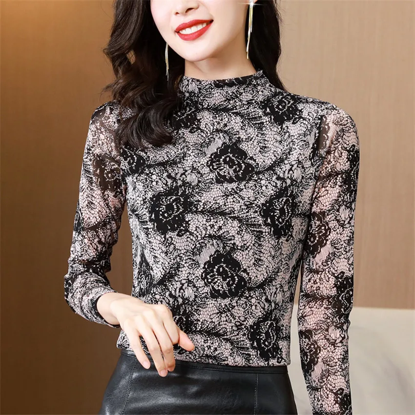 

Vintage Blouse Mesh Shirt High Neck Autumn Winter Long Sleeve Undershirt Womens Tops And Blouses Korean Fashion Blusa Feminina