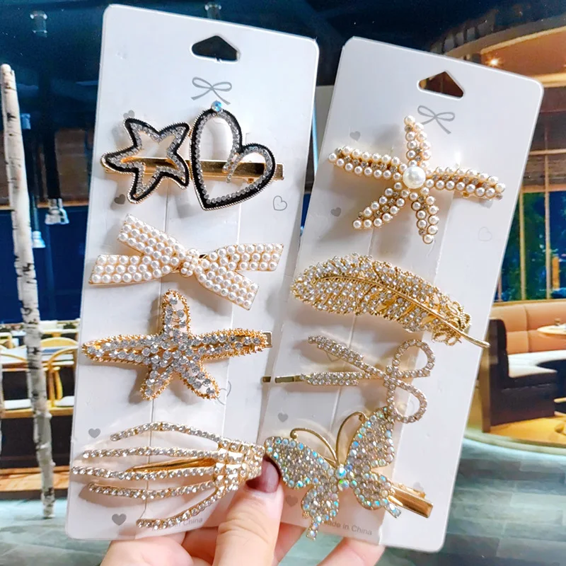 

4Pcs/Set Crystal Hair Clip For Women Fashion Geometry Hair Accessories Gold Silver Color Starfish Feather Hairpins Girl Headwear