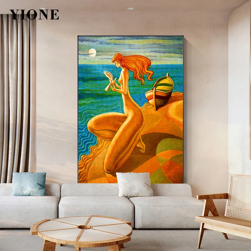 Sunset Beach Woman with Pigeon Oil Painting Custom Orange Blue Abstract Sea Sailboat Wall Art Poster Canvas Print Picture Decor | Дом и сад