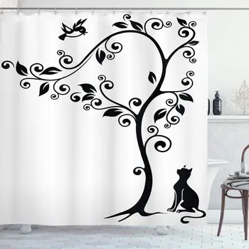 Cat Shower Curtain, Silhouette of Kitty Under Tree and Birds on Swirled Branches Illustration, Cloth Fabric Bathroom Decor Set
Cat Shower Curtain, Silhouette of Kitty Under Tree and Birds on Swirled Branches Illustration, Cloth Fabric Bathroom Decor Set