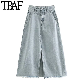 TRAF Women Fashion Pockets Frayed Hem Denim Midi Skirt Vintage High Wasit Zipper Fly Slit Female Skirts Faldas Mujer
TRAF Women Fashion Pockets Frayed Hem Denim Midi Skirt Vintage High Wasit Zipper Fly Slit Female Skirts Faldas Mujer
