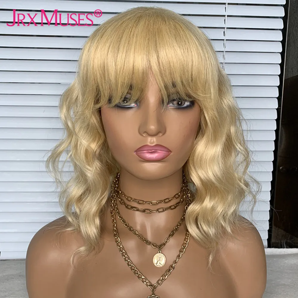 

613 Blonde Short Bob Wigs with Bang Loose Wave Human Hair Wigs for Women Glueless Full Machine Made Brazilian Remy Hair 12"