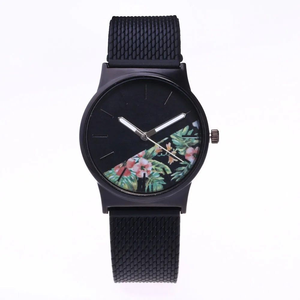 

Creative Women's Watches Casual Flower Leave Patterned Black Dial Silicone Band Alloy Watch Analog Quartz Wrist Watch relogio