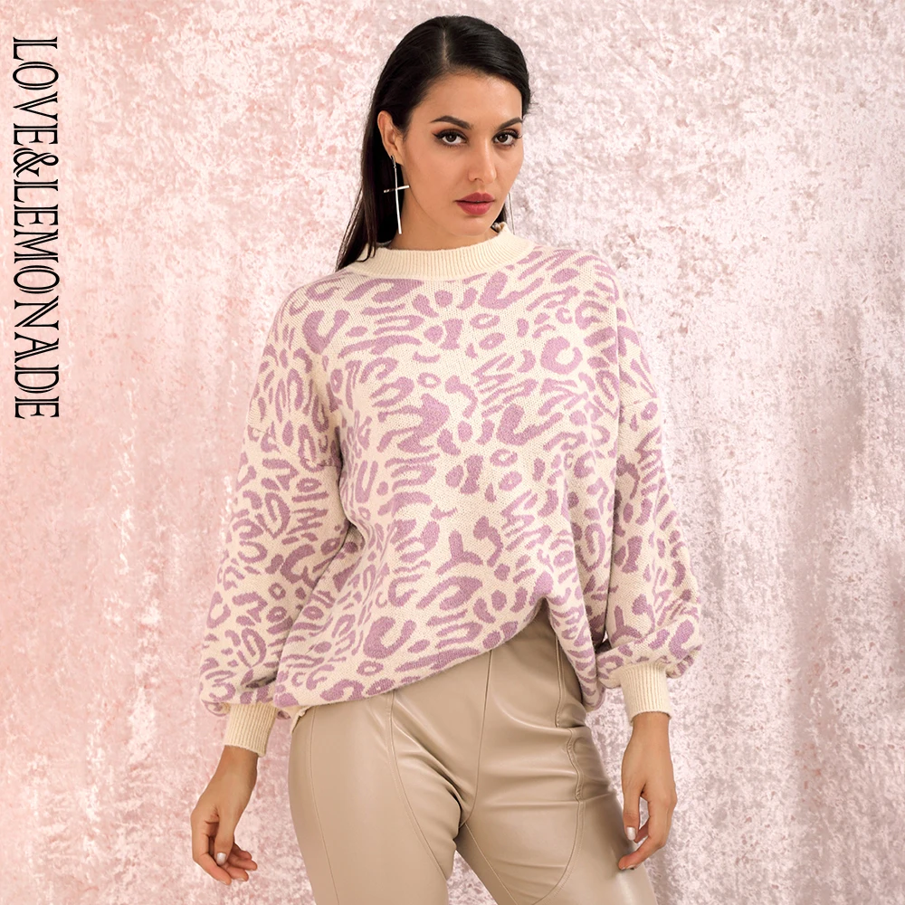 

LOVE&LEMONADE Round Collar Pullover Purple Leopard Print One Size Short Long Sleeve Sweater LM90089 Autumn/Winter