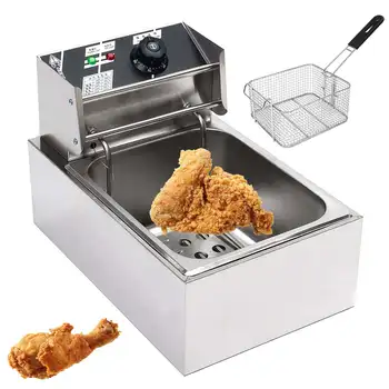 Heavy Duty Stainless Steel Electric Deep Fryer Commercial Home Kitchen Frying Chip Cooker Basket for Buffalo Wings 6L 2.5KW