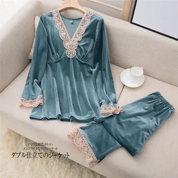New 2 Pieces Velvet Fashion Autumn Winter Pajamas Set For Woman Long Sleeves Lace Lapel Elegant Casual Sleepwear Suit
New 2 Pieces Velvet Fashion Autumn Winter Pajamas Set For Woman Long Sleeves Lace Lapel Elegant Casual Sleepwear Suit
