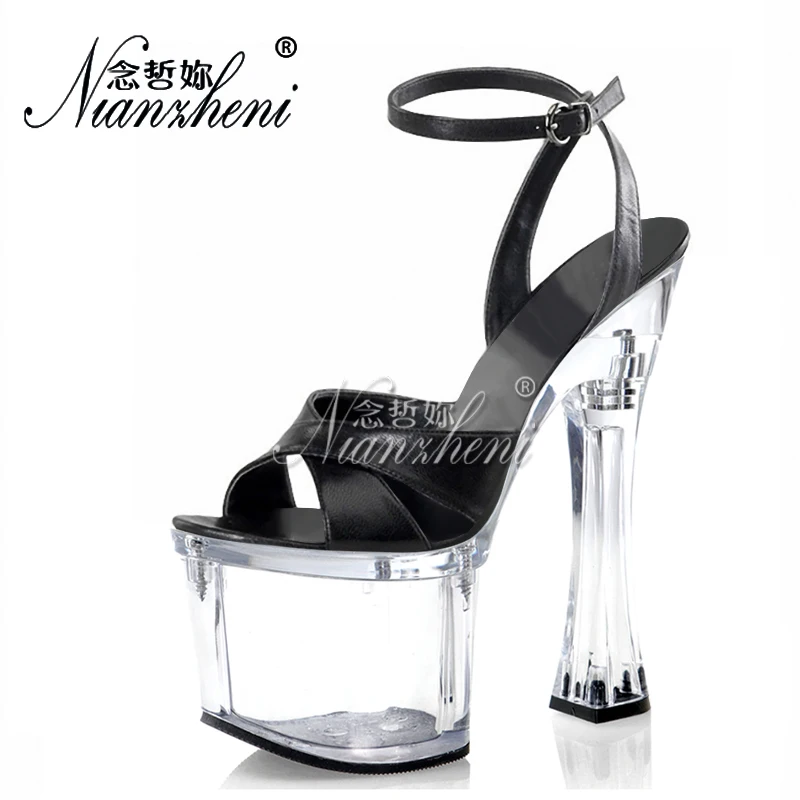 

7 inches Super High heeled Sandals Pole dancing 18cm shoes Narrow band Spool heels Elegant Patent leather Rome Open Toe Women's