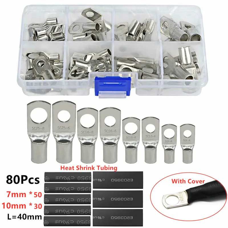 

60PCS Car Auto Copper Ring Terminal Cable Battery Terminals Soldered Connectors Kit Wire Crimp Connector With Heat Shrink Tubing