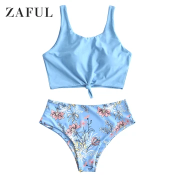 

ZAFUL Women Light Sky Blue Plant Print Knot Tankini Swimsuit Scoop Neck Padded Swimwear 2020 Cute Two Piece Swimsuit Tank Top