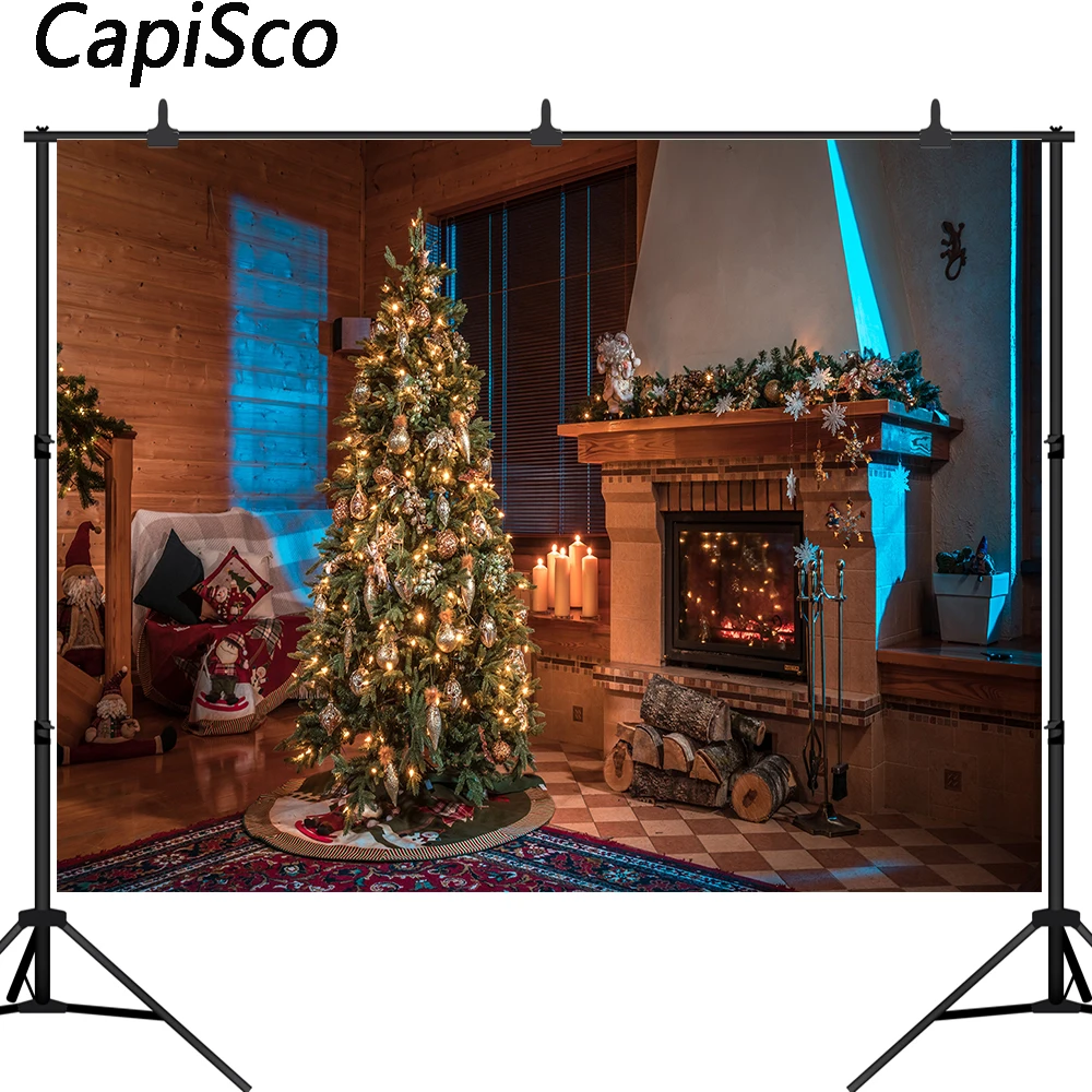 

Capisco Christmas Fireplace Photography Backdrop Tree candle Decorations Xmas Party Photo Background Banner Studio Booth Props