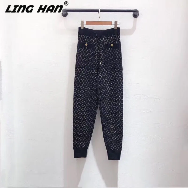LINGHAN Casual Argyle pattern Wild trousers Fashion crystal Button Lace Up Pencil Pants Designer Autumn Winter New
LINGHAN Casual Argyle pattern Wild trousers Fashion crystal Button Lace Up Pencil Pants Designer Autumn Winter New