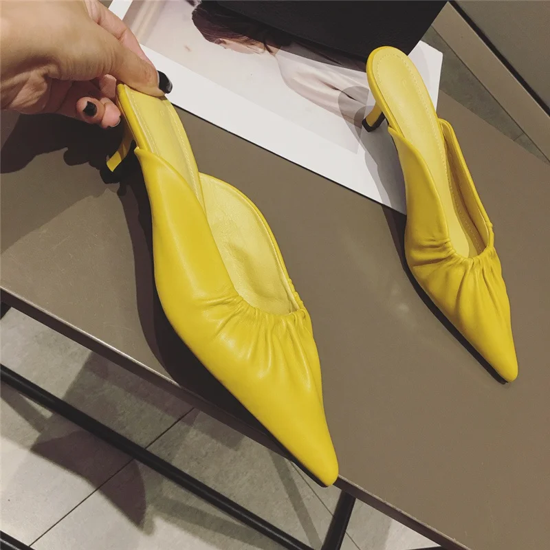 Фото 2020 Summer New Elegant Women Yellow Beige Low Heels Slides Mules Pointed Toe Slippers Designer Rose Red High Shoes | Обувь
