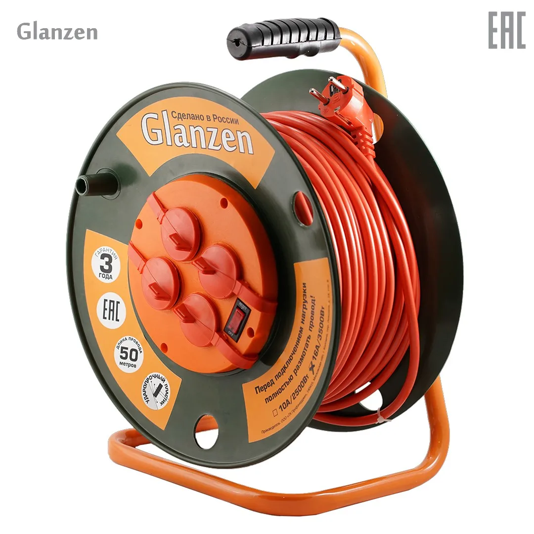 Удлинитель силовой на катушке GLANZEN 4 гн. ПВС 3х1 5 50м ЕВ 50 007 3500Вт|Сетевые шнуры и