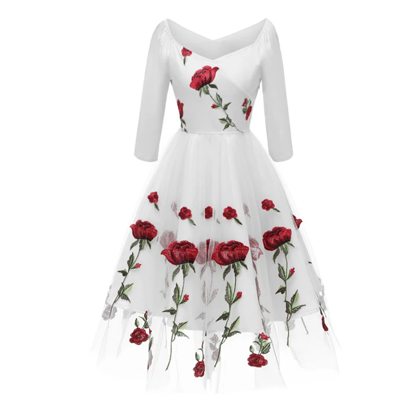 Rose Flower Embroidery V neck Elegant Dress Mesh Overlay Floral White Dresses Women Vintage Style Dress
Rose Flower Embroidery V neck Elegant Dress Mesh Overlay Floral White Dresses Women Vintage Style Dress