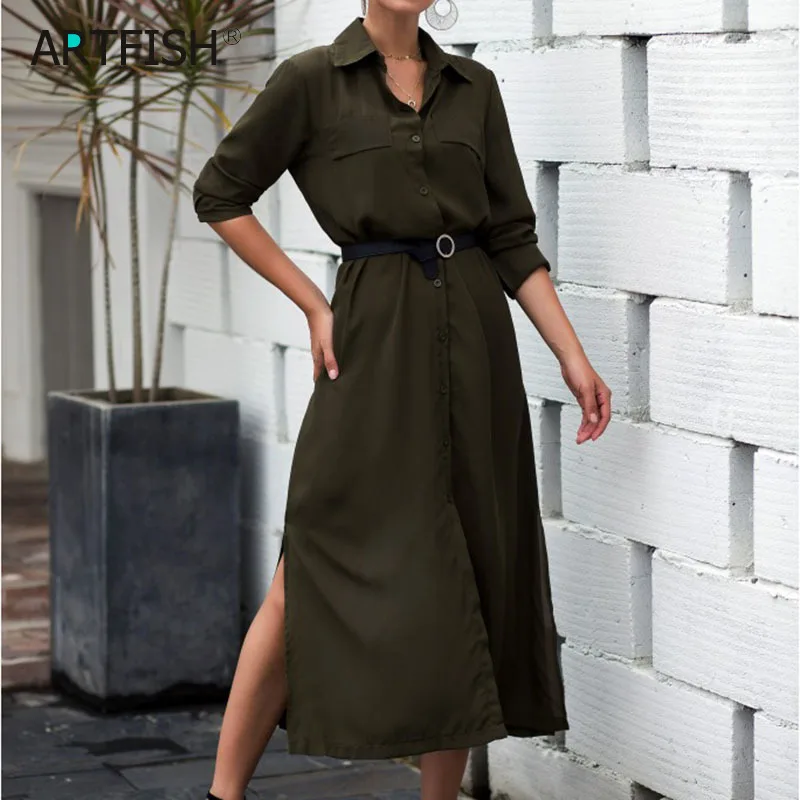2019 Autumn Winter Dress Women Streetwear Turn-Down Collar Shirt Dress Solid Buttons Loose Casual Midi Dress Sashes Split GV868
2019 Autumn Winter Dress Women Streetwear Turn-Down Collar Shirt Dress Solid Buttons Loose Casual Midi Dress Sashes Split GV868