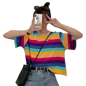 T Shirt Women Rainbow Striped Punk T-shirt O-Neck Casual Harajuku Tshirt Short Sleeve Korean Fashion Shirt Camiseta Feminina Top
T Shirt Women Rainbow Striped Punk T-shirt O-Neck Casual Harajuku Tshirt Short Sleeve Korean Fashion Shirt Camiseta Feminina Top