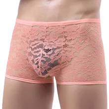 

Low Rise Sexy Mens Sheer See Through Boxer Briefs Underwear Lace Shorts Underpants Sexy Lingerie Erotic Cuecas Masculinas 2021