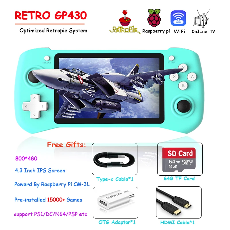 GP430 Retro Handheld Game Console 4.3" Raspberry Pi CM3 Retropie OS HDMI Out Online TV With 15000+ Games For PS1/N64/PSP/DC/GB
GP430 Retro Handheld Game Console 4.3" Raspberry Pi CM3 Retropie OS HDMI Out Online TV With 15000+ Games For PS1/N64/PSP/DC/GB