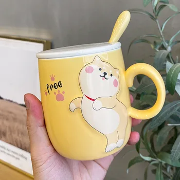 

400ml Cartoon Ceramics Cute Shiba Inu Dog Mug With Lid Spoon Handle Coffee Milk Tea Mugs Breakfast Cup Drinkware Novelty Gifts