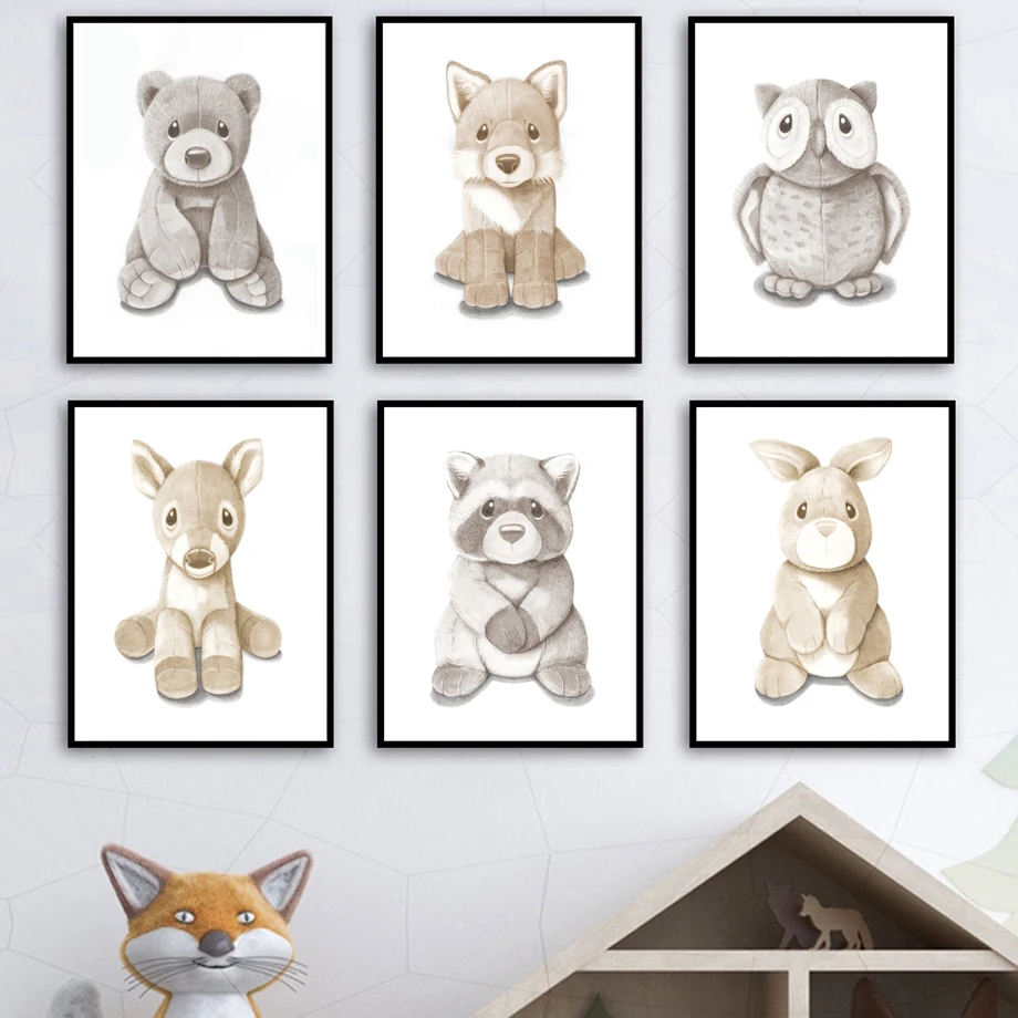 

Plush Bear Fox Rabbit Deer Raccoon Owl Nursery Wall Art Print Canvas Painting Nordic Poster Wall Pictures Baby Kids Room Decor