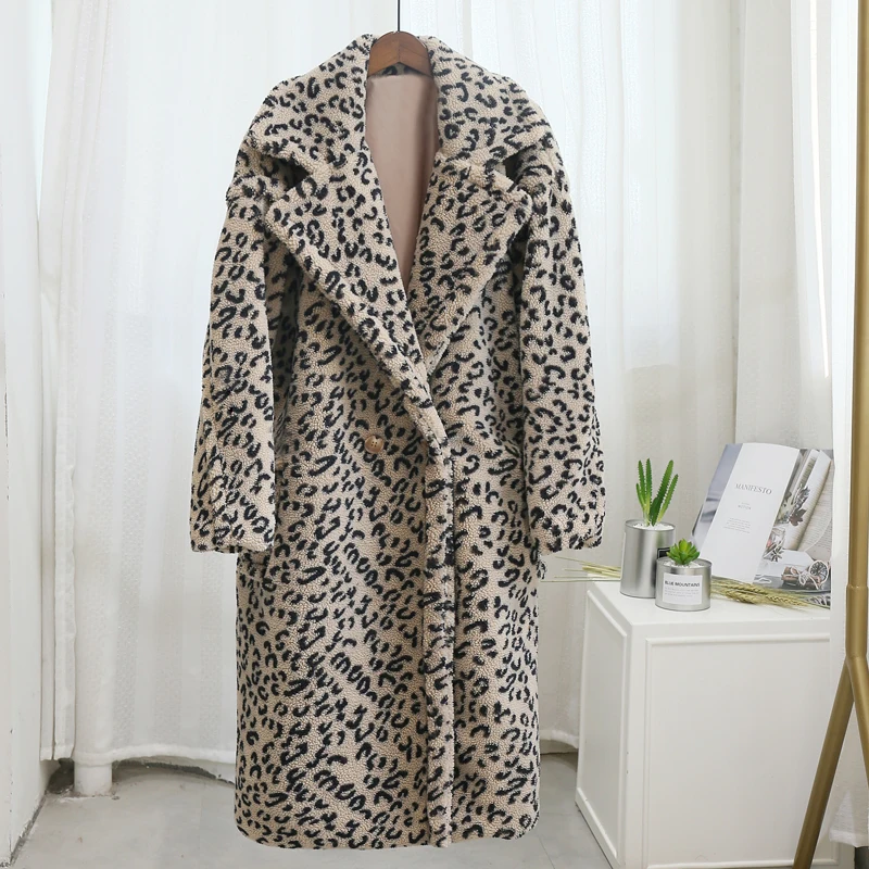 Женская леопардовая длинная куртка из искусственного меха овечьей шерсти