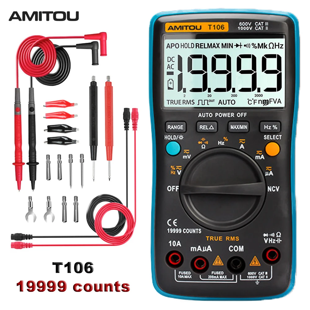 AMITOU T106 Digital Multimeter 19999 counts Professional Multimetro True RMS Capacitor Continuity Tester esr meter analogico
AMITOU T106 Digital Multimeter 19999 counts Professional Multimetro True RMS Capacitor Continuity Tester esr meter analogico