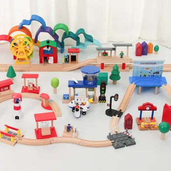 나무 기차 트랙 연장 액세서리, 철도 장면 장난감 액세서리, 주유소 장면, 브랜드 트랙 장난감, 소년 소녀
