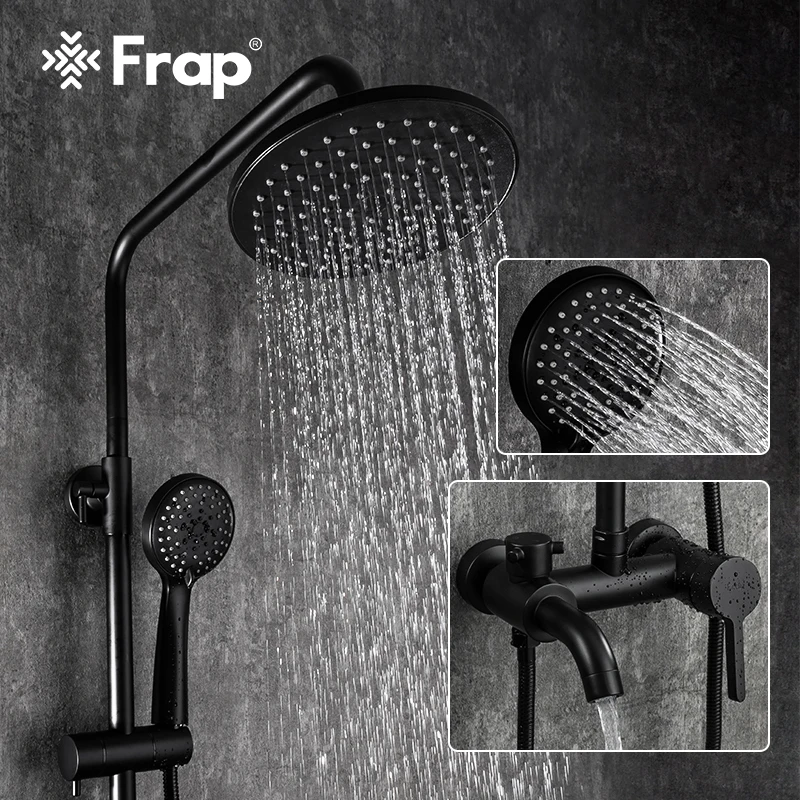 

Frap Black Bathroom Shower Faucets Set Bathtub Mixer Faucet With Hand Sprayer Wall Mounted Bathroom Exposed Rainfall Tap F2416