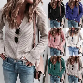 Sweater Women solid color V-neck knit casual loose fashion knit warm comfortable sweater V Neck Knitwear Ribbed Sweater Blouse
Sweater Women solid color V-neck knit casual loose fashion knit warm comfortable sweater V Neck Knitwear Ribbed Sweater Blouse
