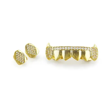 

Hip Hop Iced Out Zircon Gold Teeth Grillz Top Bottom Tooth Caps Grills Set Vampire Fang For Men Women Mouth Tooth Jewelry