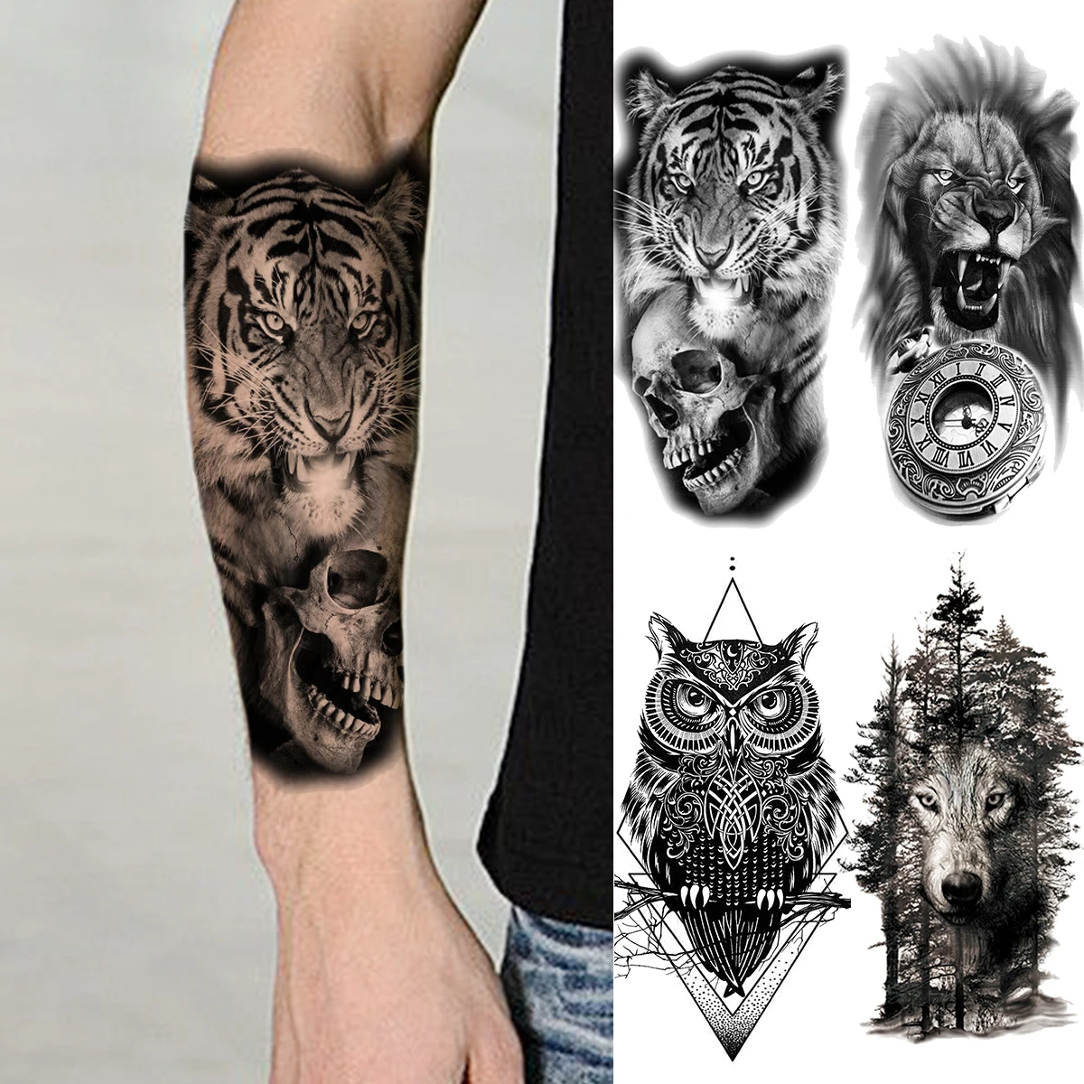 

Black Tiger Skull Temporary Tattoos For Women Adult Men Lion Compass Owl Wolf Forest Geometry Fake Tattoo Forearm Washable Tatoo