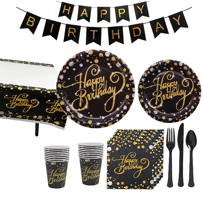 Happy Birthday Black Glod Disposable Tableware Paper Plates Cups Napkins Banner for Birthday Party Decoration Supplies
Happy Birthday Black Glod Disposable Tableware Paper Plates Cups Napkins Banner for Birthday Party Decoration Supplies