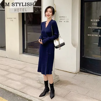Women Clothings Sexy V-neck Knit Dress Belt 2019 Early Autumn Knee-Length New Vestido Polyester Split Dark Blue Yellow Base Sweater Full Sleeve One-piece Dress
Women Clothings Sexy V-neck Knit Dress Belt 2019 Early Autumn Knee-Length New Vestido Polyester Split Dark Blue Yellow Base Sweater Full Sleeve One-piece Dress