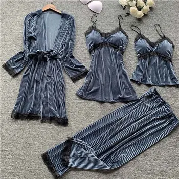 Gold velvet 4 pieces pajamas women sleepwear warm winter pajamas sets sexy lace robe loungewear with chest pad home service 
Gold velvet 4 pieces pajamas women sleepwear warm winter pajamas sets sexy lace robe loungewear with chest pad home service