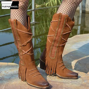 Top Thick Heels Half Boots Sapato Women Street Black Brown Pointed Toe Tassel Retro Thigh High Boots Winter Quality Knight Boots 
Top Thick Heels Half Boots Sapato Women Street Black Brown Pointed Toe Tassel Retro Thigh High Boots Winter Quality Knight Boots