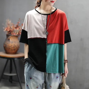 Cotton T Shirts Round Neck Color Splicing T Shirt Loose Short Sleeve Women's Top Fat Female Clothes Summer Tops Free Size Z2
Cotton T Shirts Round Neck Color Splicing T Shirt Loose Short Sleeve Women's Top Fat Female Clothes Summer Tops Free Size Z2