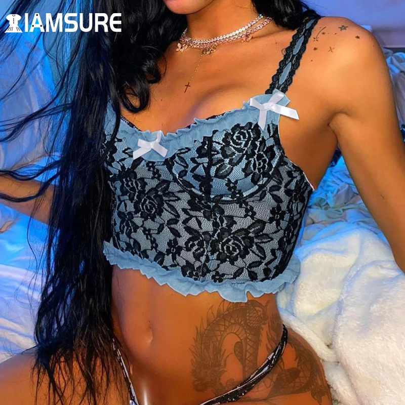 

IAMSURE Blue Vintage Slim Lace Trim Mesh Camisoles Cute Bow Sleeveless Deep V Neck See Through Crop Top Sweet Girl Y2K Aesthetic