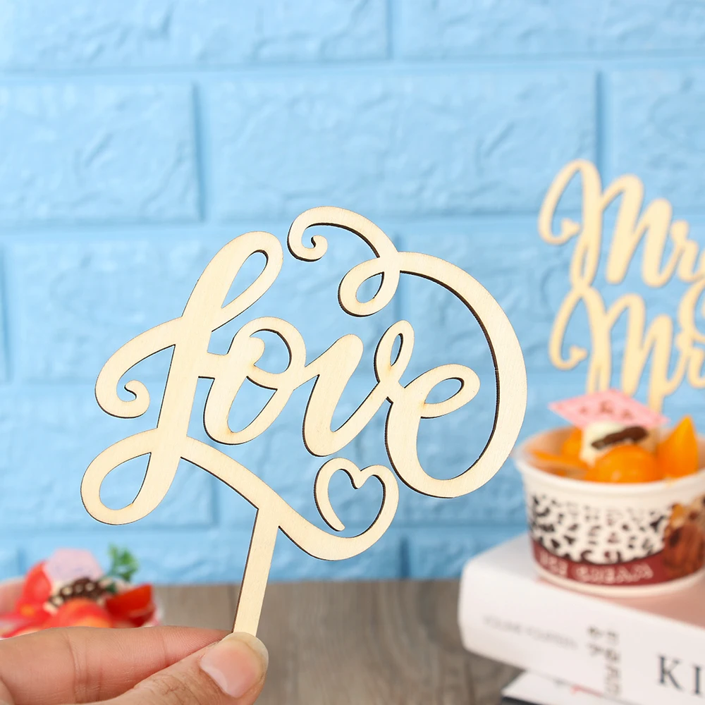 1pc vintage wooden laser cut letters cake topper