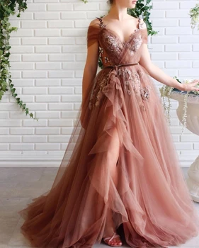 Brown Muslim Evening Dresses A-line V-neck Tulle Appliques Pearls Slit Dubai Saudi Arabia Long Evening Gown Prom Robe De Soiree 
Brown Muslim Evening Dresses A-line V-neck Tulle Appliques Pearls Slit Dubai Saudi Arabia Long Evening Gown Prom Robe De Soiree
