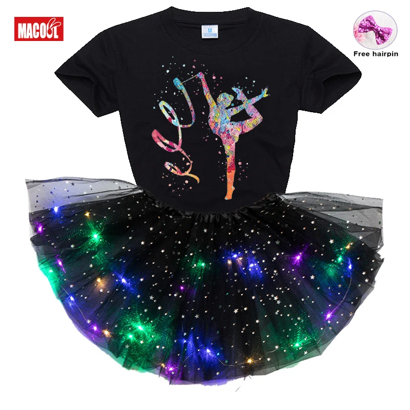 

Baby Girls Ballet Dress Sets Summer Girls Short Sleeve T-shirt+luminous Skirt+hairpin 3pc Set Girl Casual Wear Children Clothing