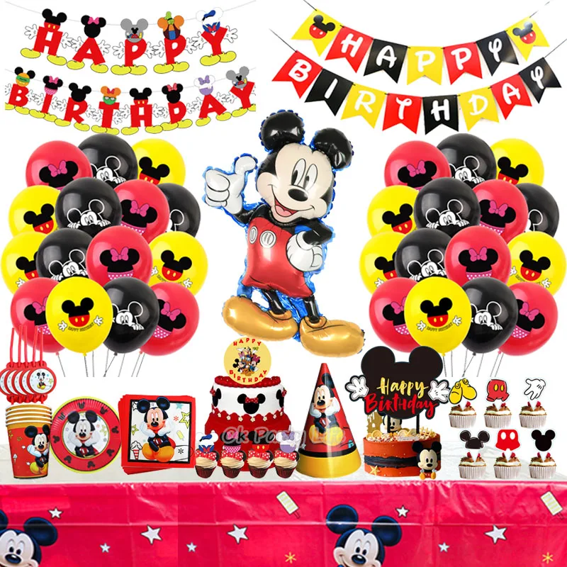 Red Mickey Mouse Balloons Disposable Tableware Kids Birthday Party Decoration Plate Napkin Cake Topper Supplies Cutlery | Дом и сад