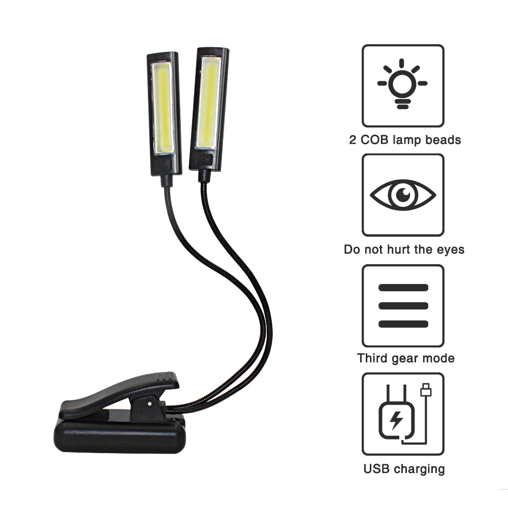 USB 2 Led COB Light Build-in Battery Book Reading Lamp Flexible Dual Arms Clip On Torch Flashlight + Cable | Лампы и освещение