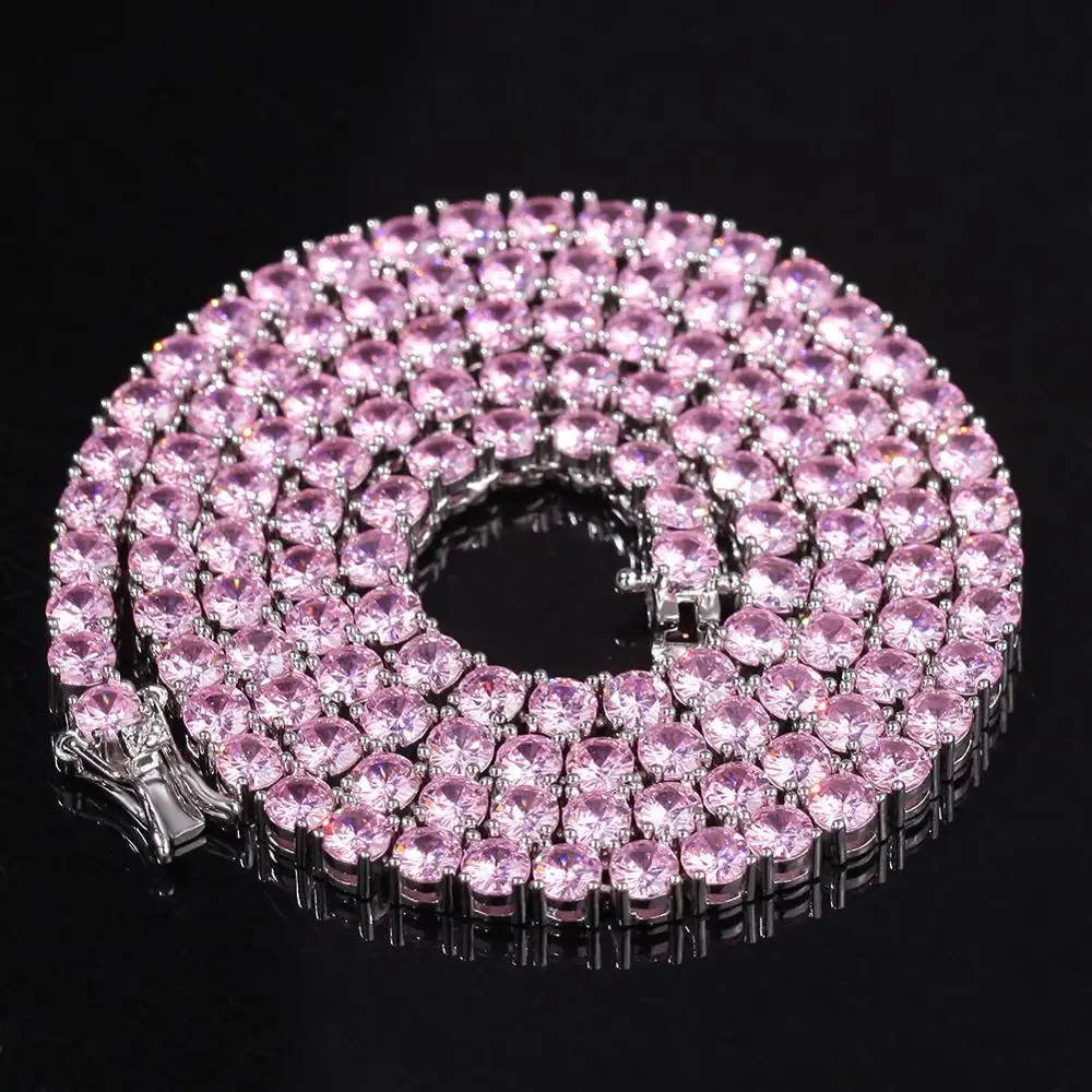 Фото Асум 4 мм розовые теннисные цепочки ожерелье 3A Циркон Cz Bling Full Iced Out Мода Рок