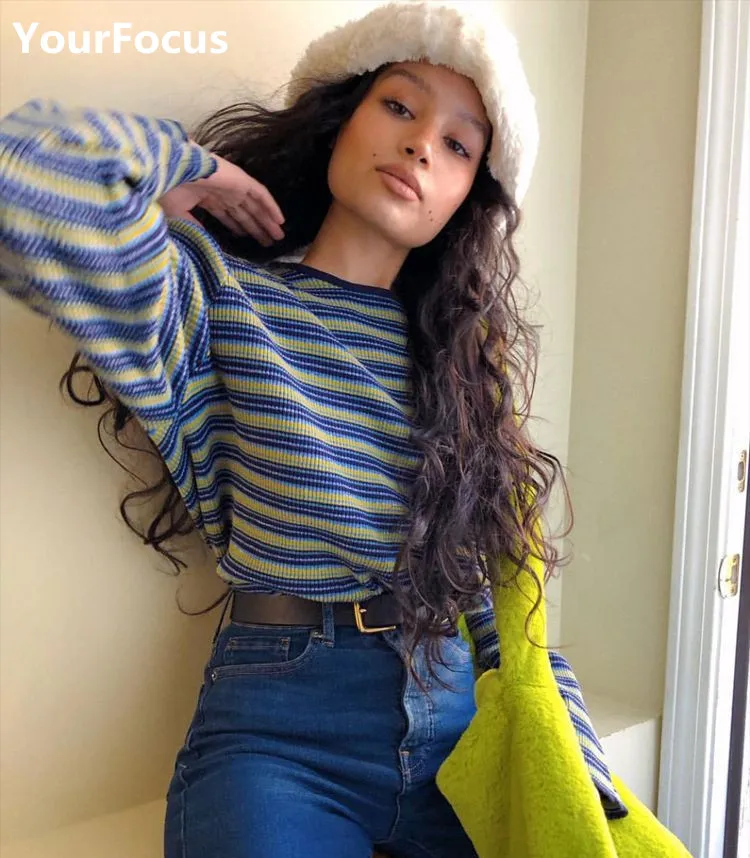 Женский свитер в полоску pull femme Осенний классический винтажный свободный стиле