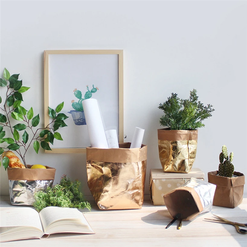Washable kraft paper bag plant flower pot multifunctional portable simple home garden storage bag save space reuse