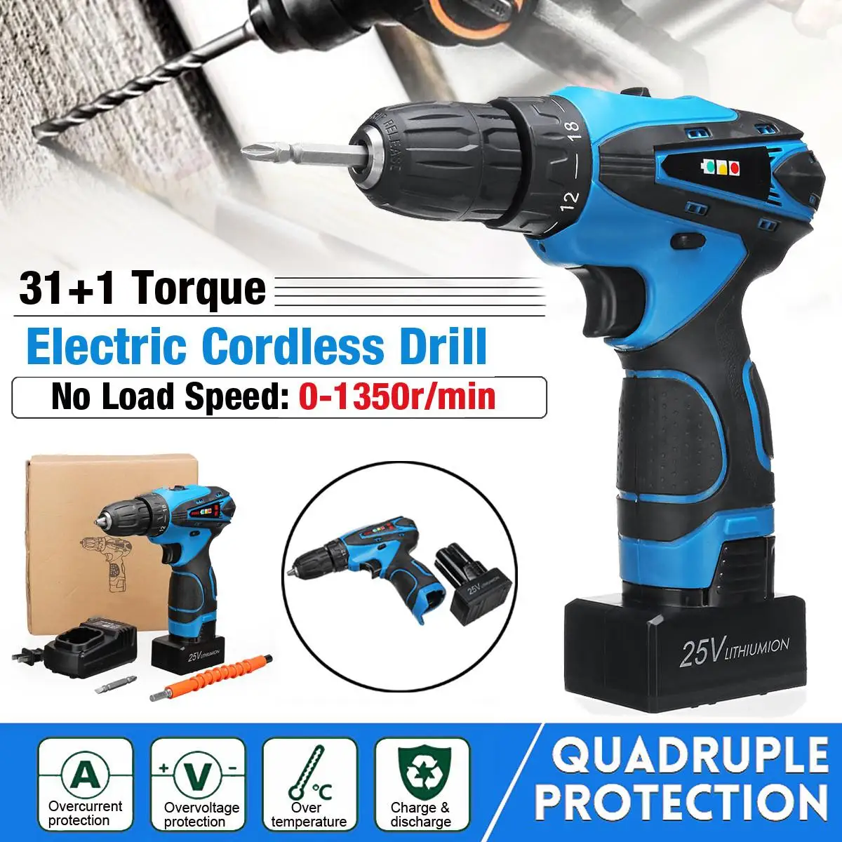 Portable Electric Cordless Drill 31+1 Torque 2 Speed Variations 3/8" Chuck 25V Li-Ion Battery LED Lighting 3IN1 Trigger Switch
Portable Electric Cordless Drill 31+1 Torque 2 Speed Variations 3/8" Chuck 25V Li-Ion Battery LED Lighting 3IN1 Trigger Switch