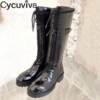 Western Luxury Genuine leather Women Long Boots Front Lace Up Flat Knee high boots women Leather Buckle Knight boots botas mujer
Western Luxury Genuine leather Women Long Boots Front Lace Up Flat Knee high boots women Leather Buckle Knight boots botas mujer