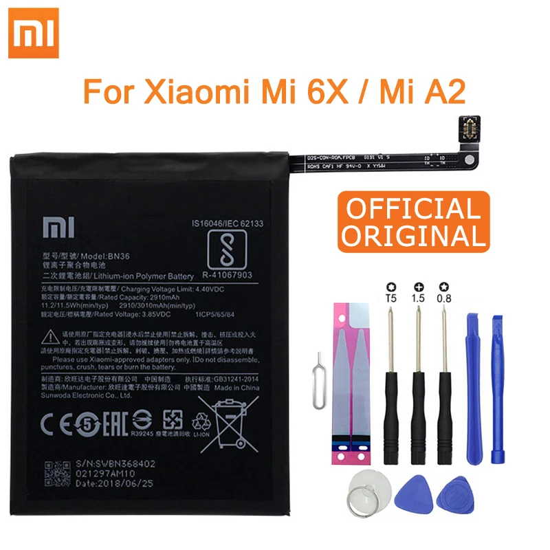 Xiao Mi Original Phone Battery BN36 for Xiaomi Mi 6X Mi6X Mi A2 MiA2 3010mAh High Capacity Replacement Battery Free Tools
Xiao Mi Original Phone Battery BN36 for Xiaomi Mi 6X Mi6X Mi A2 MiA2 3010mAh High Capacity Replacement Battery Free Tools