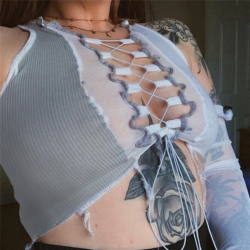 Укороченная женская рубашка топ на шнуровке прозрачная сетчатая