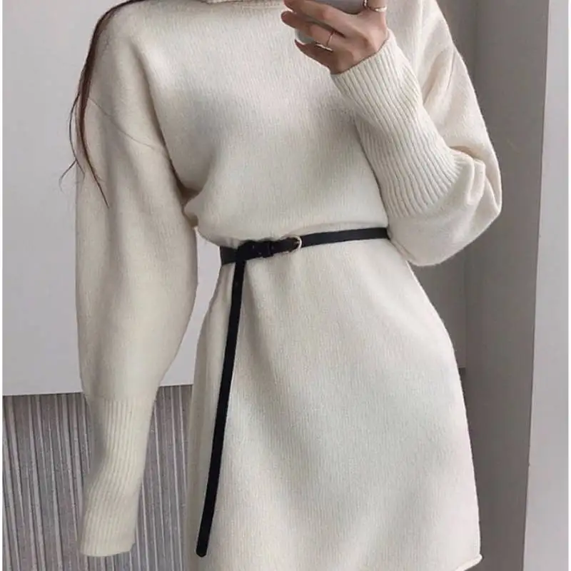 

Chic Turtleneck Full Sleeve Female Knitted Mini Dress Elegant Slim Waist Belted Female Package Hip Sweater Vestidos